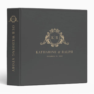 Gold Baroque Crest Dark Gray Monogram Wedding 3 Ring Binder