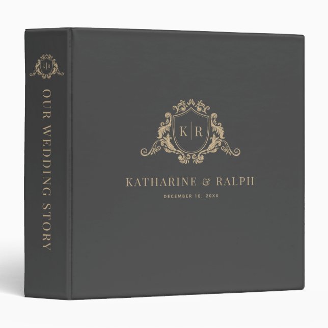 Gold Baroque Crest Dark Gray Monogram Wedding 3 Ring Binder (Front/Spine)