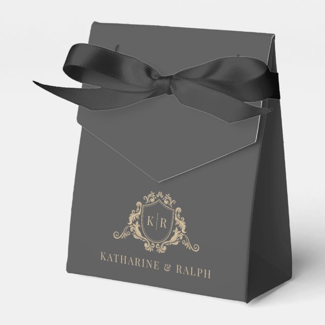 Gold Baroque Crest Dark Gray Monogram Wedding Favor Boxes (Front Side)