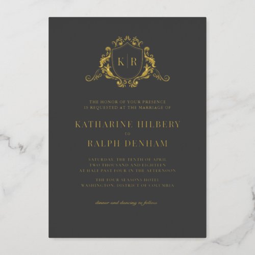 Gold Baroque Crest Dark Gray Monogram Wedding Foil Invitation