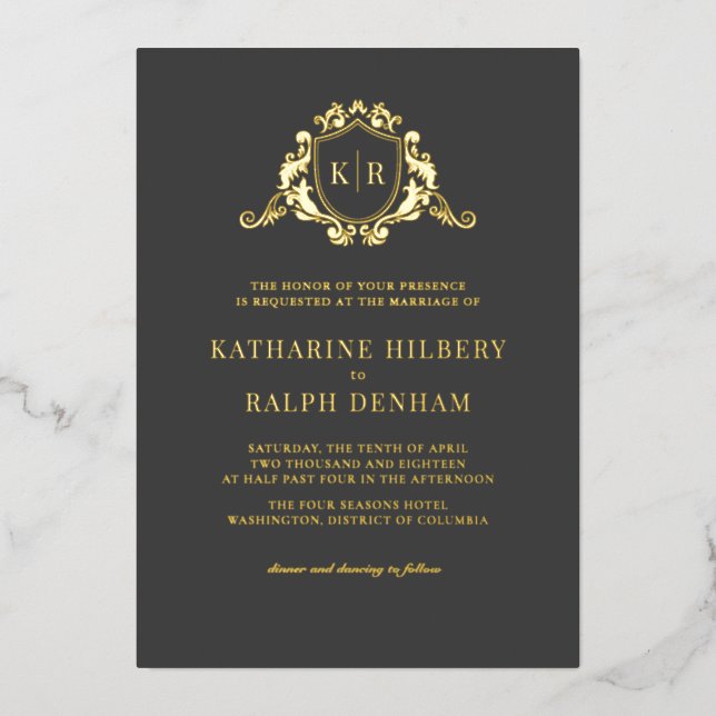 Gold Baroque Crest Dark Gray Monogram Wedding Foil Invitation (Front)
