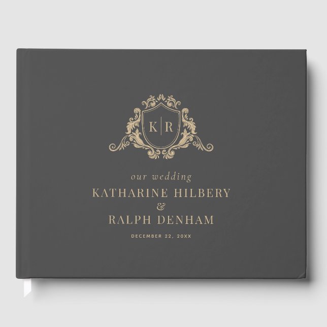 Gold Baroque Crest Dark Gray Monogram Wedding Guest Book (Front)