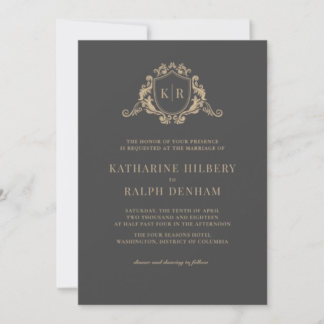 Gold Baroque Crest Dark Gray Monogram Wedding Invitation (Front)