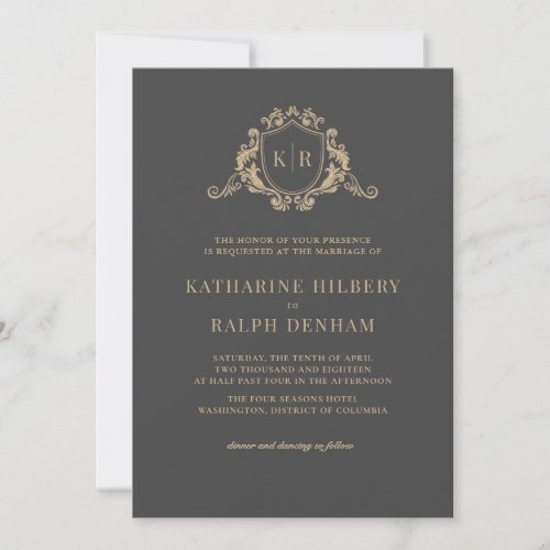 Gold Baroque Crest Dark Gray Monogram Wedding Invitation