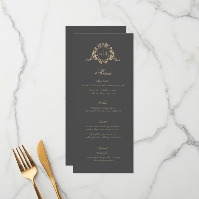 Gold Baroque Crest Dark Gray Monogram Wedding Menu (Front/Back In Situ)