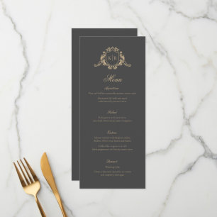 Gold Baroque Crest Dark Gray Monogram Wedding Menu