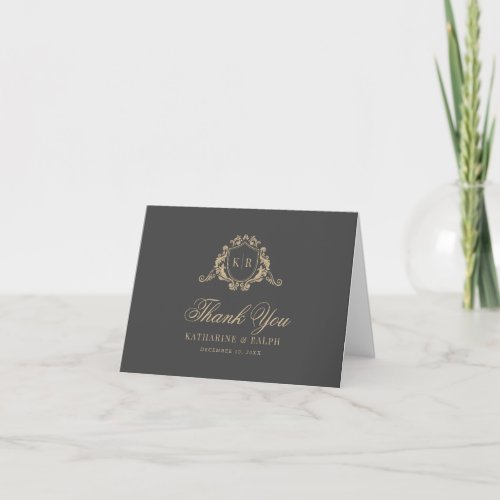 Gold Baroque Crest Dark Gray Monogram Wedding Thank You Card