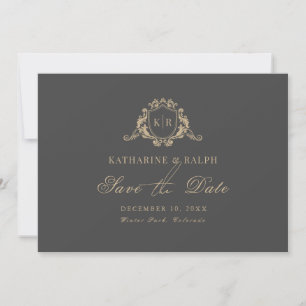 Gold Baroque Crest Monogram Gray Save the Date Invitation