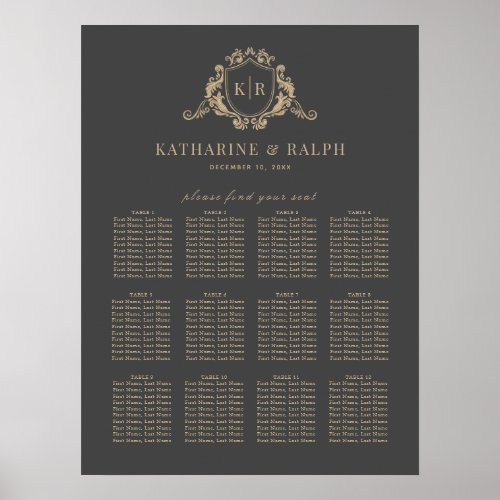Gold Baroque Crest Monogram Wedding Seating Chart
