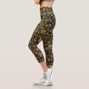 Gold Baroque Floral Allover on Black Capri Leggings