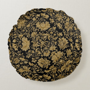 Gold Baroque Floral Allover on Black Round Pillow