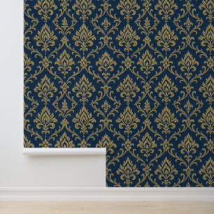 Gold Baroque Floral Dark Blue Wallpaper