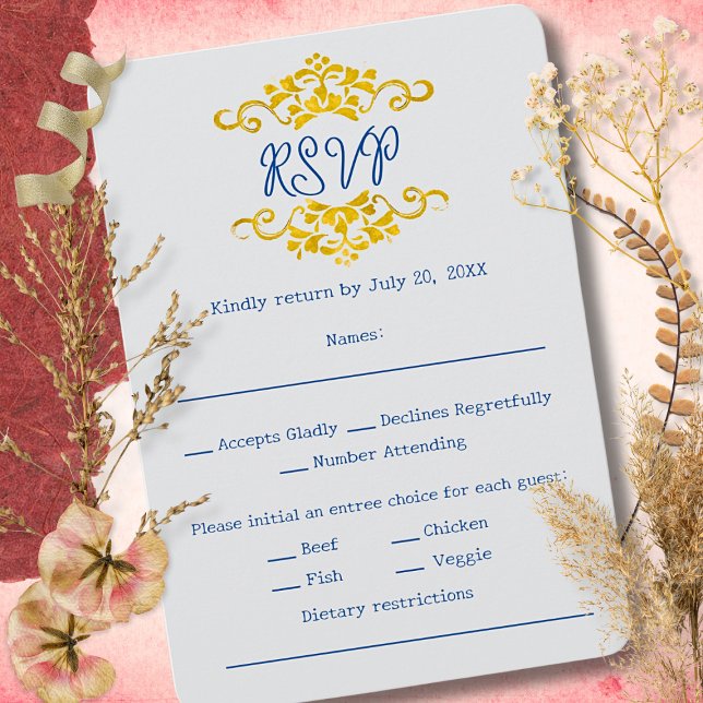 Gold Baroque Floral Heart Mexican Wedding RSVP Card (Elegant gold Baroque scrolls with navy text for a refined wedding RSVP design.)