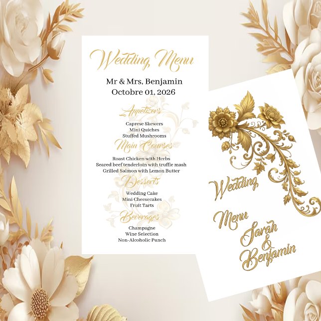 Gold Baroque Floral Script | Elegant Wedding Menu (Creator Uploaded)
