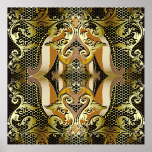 Gold Baroque luxury 3d vintage seamless pattern. L Poster