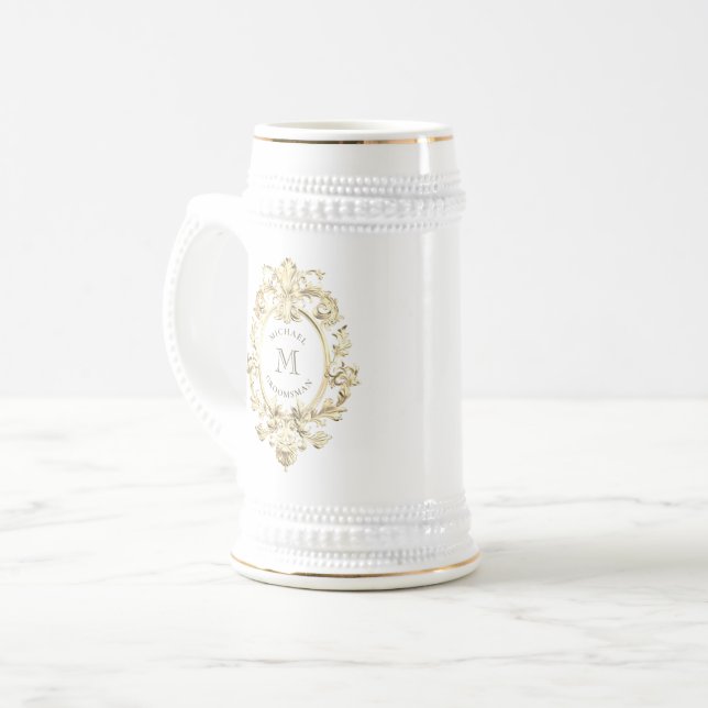 Gold Baroque Monogram Groomsmen Beer Stein (Front Left)