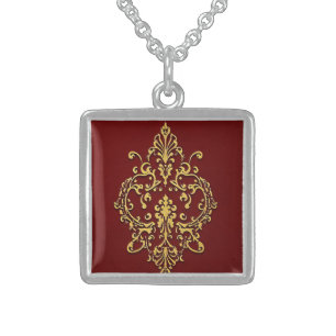 gold baroque pattern on red sterling silver necklace