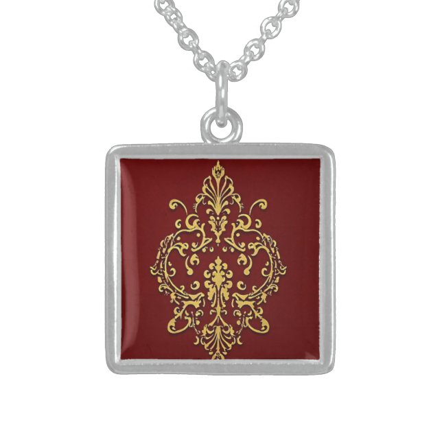 gold baroque pattern on red sterling silver necklace (Front)