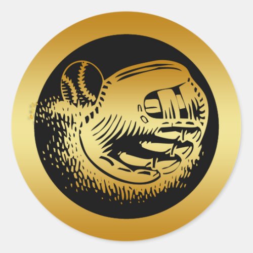 GOLD BASEBALL GLOVE AND BALL CLASSIC ROUND STICKER