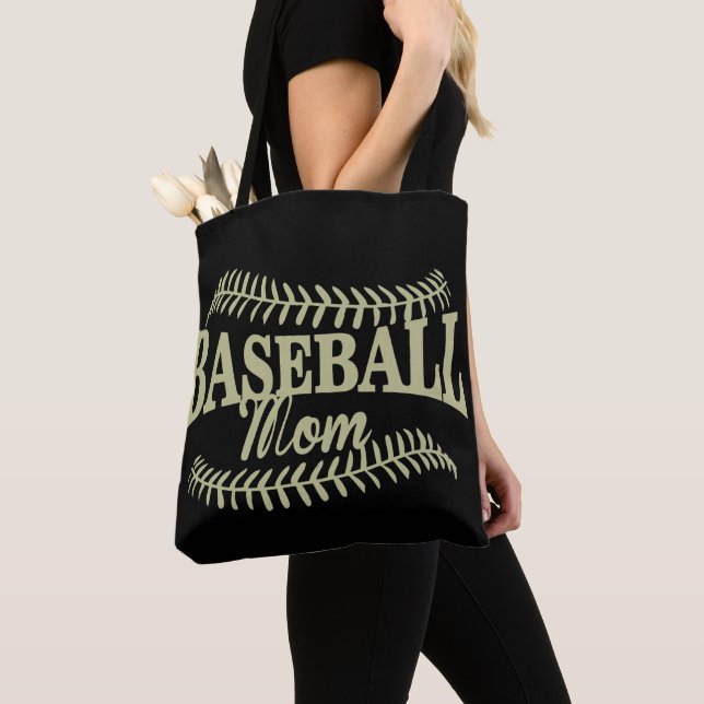 Gold Baseball Mom on Black Tote Bag (Close Up)