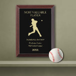 Gold Baseball Player Template MVP Award Plaque<br><div class="desc">This baseball Most Valuable Player award plaque features a gold baseball player swinging at the ball. Above and below the player image are text fields for you to customize,  also in gold. Everything is placed on a dramatic black background.</div>