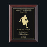Gold Basketball Player Template MVP Award Plaque<br><div class="desc">This basketball Most Valuable Player award plaque features a gold basketball player dribbling the ball.  Above and below the player image are text fields for you to customize,  also in gold. Everything is placed on a dramatic black background.</div>