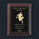 Gold Basketball Player Template MVP Award Plaque<br><div class="desc">This basketball Most Valuable Player award plaque features a gold basketball player dribbling the ball.  Above and below the player image are text fields for you to customize,  also in gold. Everything is placed on a dramatic black background.</div>