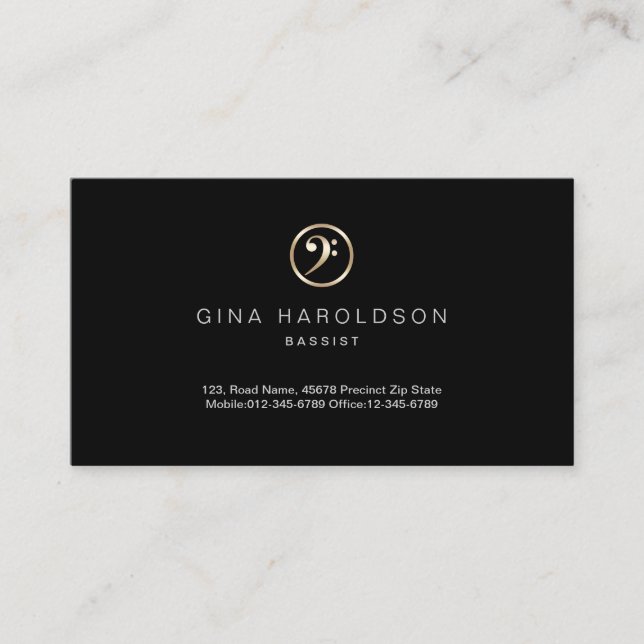 Gold Bass Clef Icon Bassist Business Card (Front)