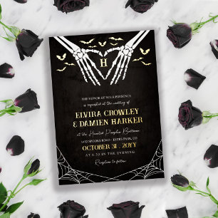 Gold Bats & Skeleton Heart Goth Halloween Wedding Foil Invitation