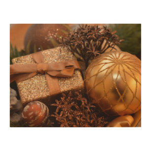 Gold Bauble and Christmas Present 14" x 11" Wood Wall Decor
