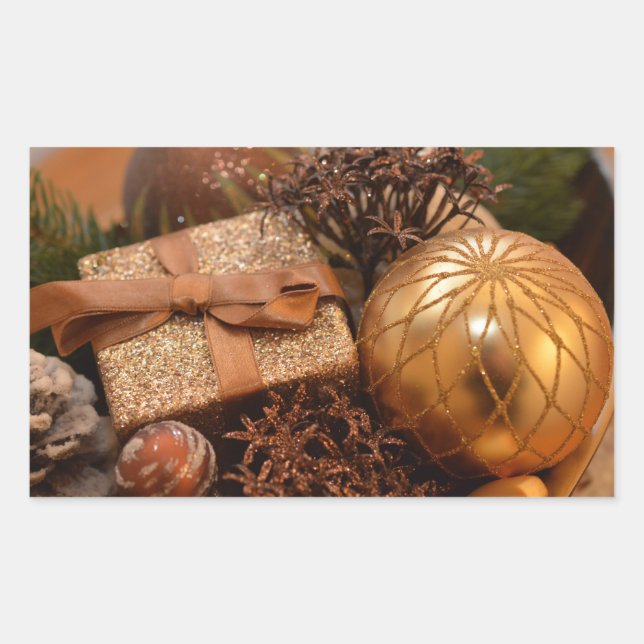 Gold Bauble and Christmas Present Rectangular Sticker (Front)