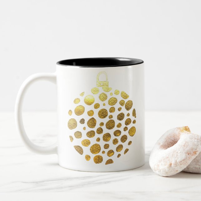 Gold bauble Christmas glam Two-Tone Coffee Mug (With Donut)