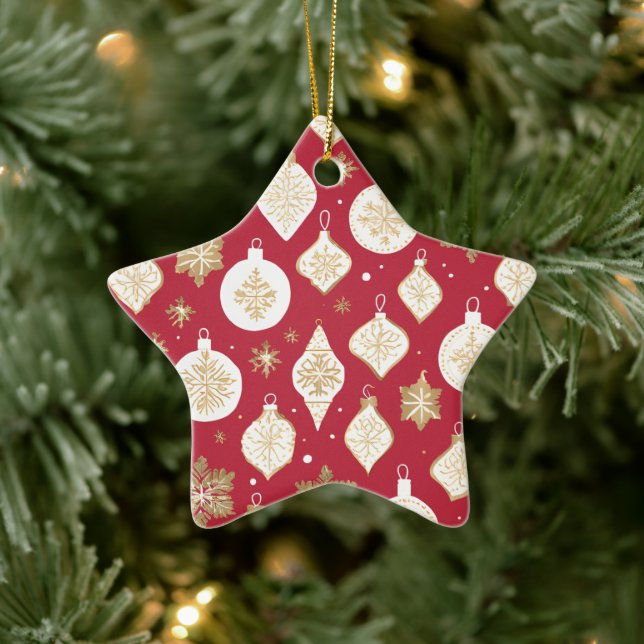 Gold Bauble Design red background Ceramic Ornament (Tree)