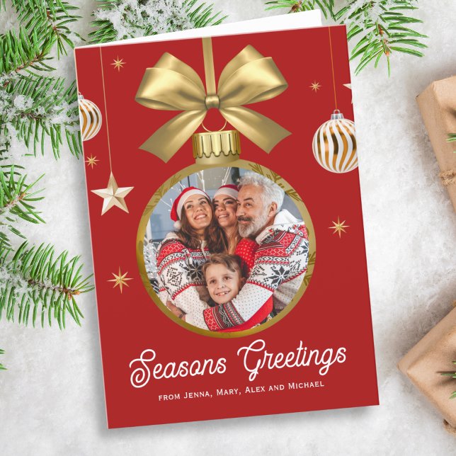 Gold Bauble Family Photo, red background Holiday Card (Custom Family photo in Gold Bauble with elegant typgography)