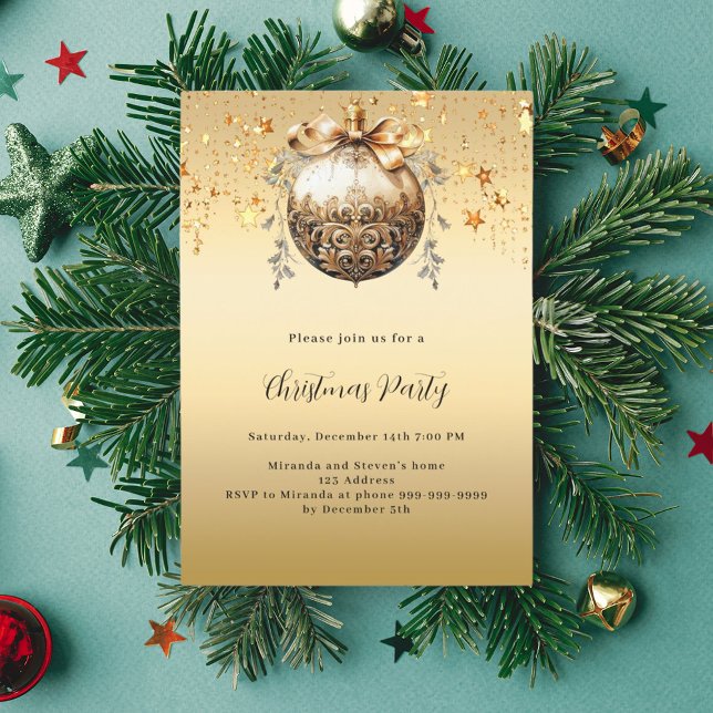 Gold bauble stars vintage Christmas Party Invitation (Creator Uploaded)