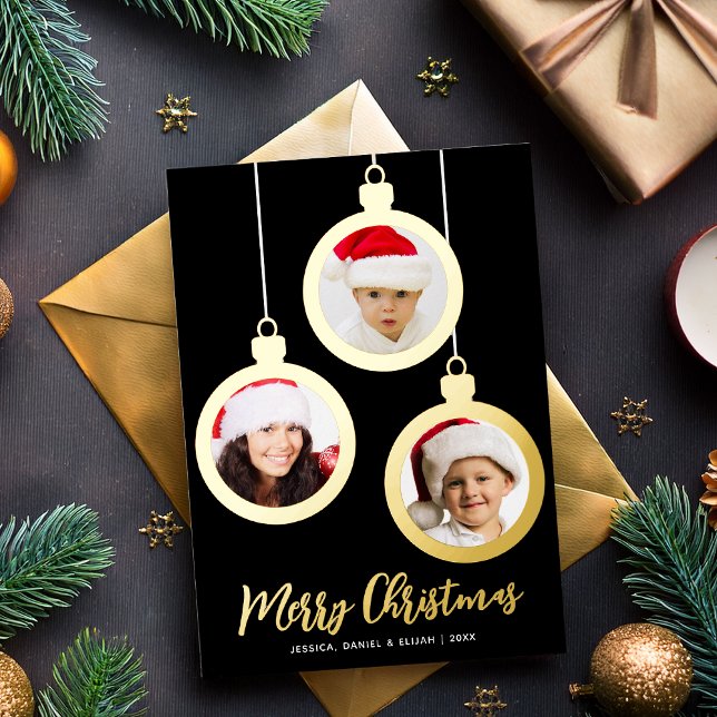 Gold Baubles 3 Photos Collage Merry Christmas  Foil Holiday Card (Creator Uploaded)