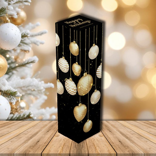 Gold Baubles Christmas Ornaments Business Gift Wine Box (Gold and white baubles Christmas business gift wine box)