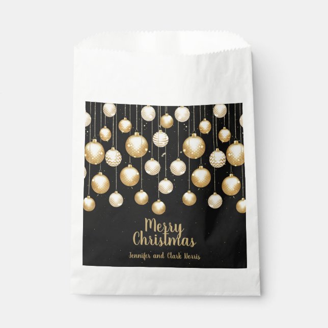 Gold Baubles Christmas Ornaments on Black Favor Bag (Front)