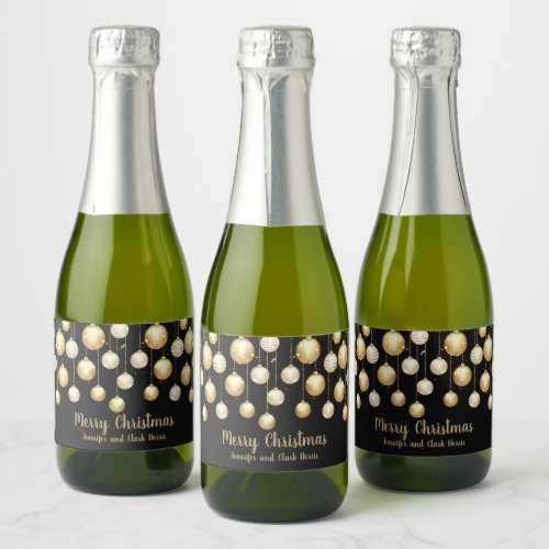 Gold Baubles Christmas Ornaments on Black Mini Sparkling Wine Label