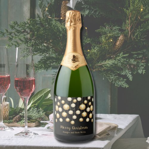 Gold Baubles Christmas Ornaments on Black Sparkling Wine Label