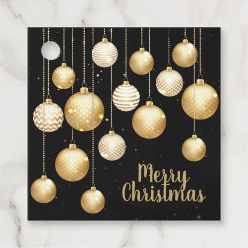 Gold Baubles Christmas Ornaments on Black Square Favor Tags