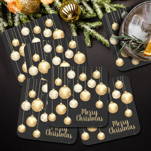 Gold Baubles Christmas Ornaments on Black Square Paper Coaster