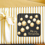 Gold Baubles Christmas Ornaments on Black Square Sticker<br><div class="desc">Elegant gold and white Christmas tree ornaments on a black background, these SQUARE stickers are perfect for gift wrapping, a holiday dinner party, corporate Christmas party, office party, holiday open house, wedding event, holidays hostess gifts, holiday party favors and more. To further customize, click the "Personalize" button, then the Customize...</div>