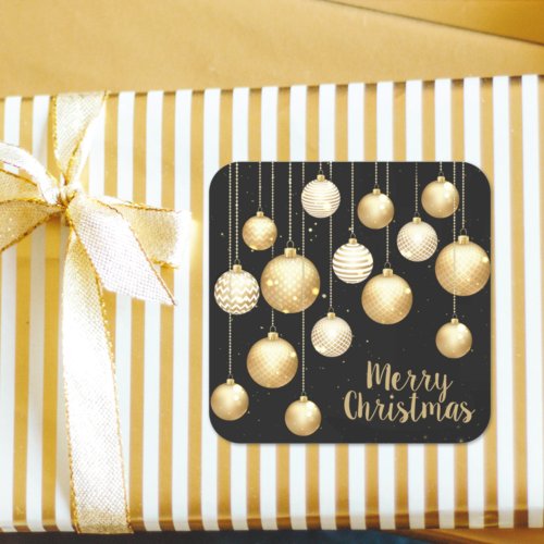 Gold Baubles Christmas Ornaments on Black Square Sticker