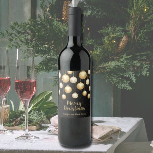 Gold Baubles Christmas Ornaments on Black Wine Label