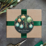 Gold Baubles Christmas Tree Classic Round Sticker<br><div class="desc">Elegant Christmas holiday round stickers feature pine branches,  green and gold Christmas ball ornaments and ribbons on a black background with your details in chic lettering,  perfect for your festive holiday gathering or for your gift giving. MATCHING items in our collection.</div>