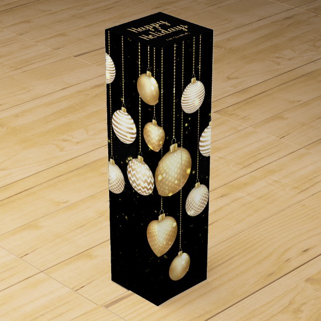 Gold Baubles Christmas Tree Ornaments Black Wine Box (Front)