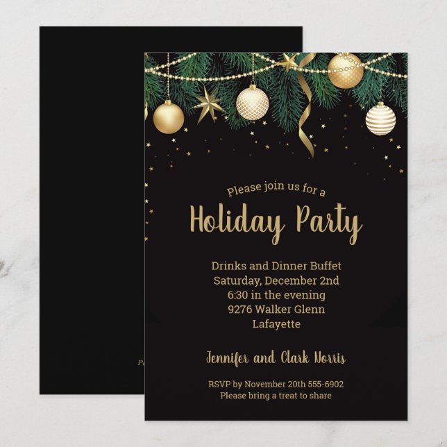 Gold Baubles Christmas Tree Ornaments Invites (Front/Back)