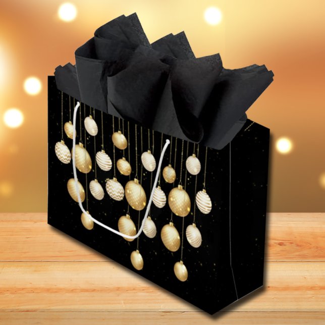 Gold Baubles Christmas Tree Ornaments on Black Large Gift Bag (Creator Uploaded)
