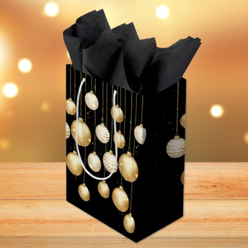 Gold Baubles Christmas Tree Ornaments on Black Medium Gift Bag